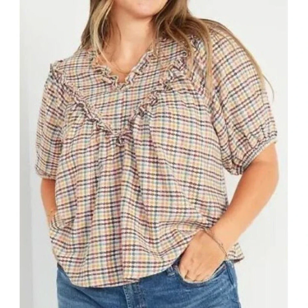 Old Navy Ruffle Dobby Gingham Top Women Medium White Cotton Puff Sleeve Cotton